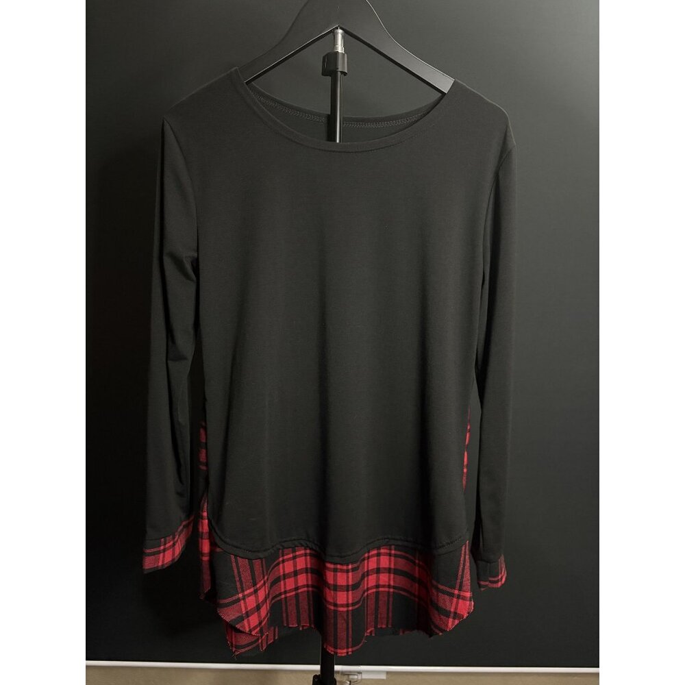Black Long Sleeve Tunic Top Red Buffalo Plaid Cuff Hemline Round Neckline Large